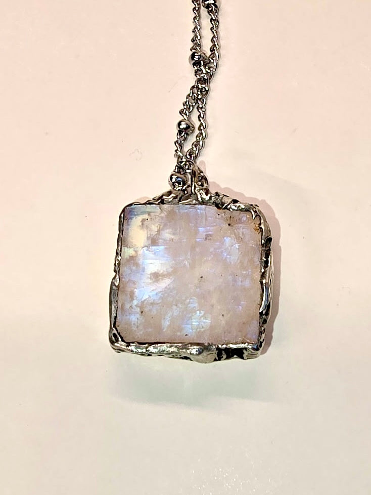Rainbow Moonstone Crystal Necklace Square Pendant
