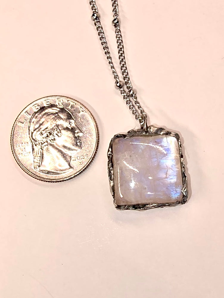 Rainbow Moonstone Crystal Necklace Square Pendant
