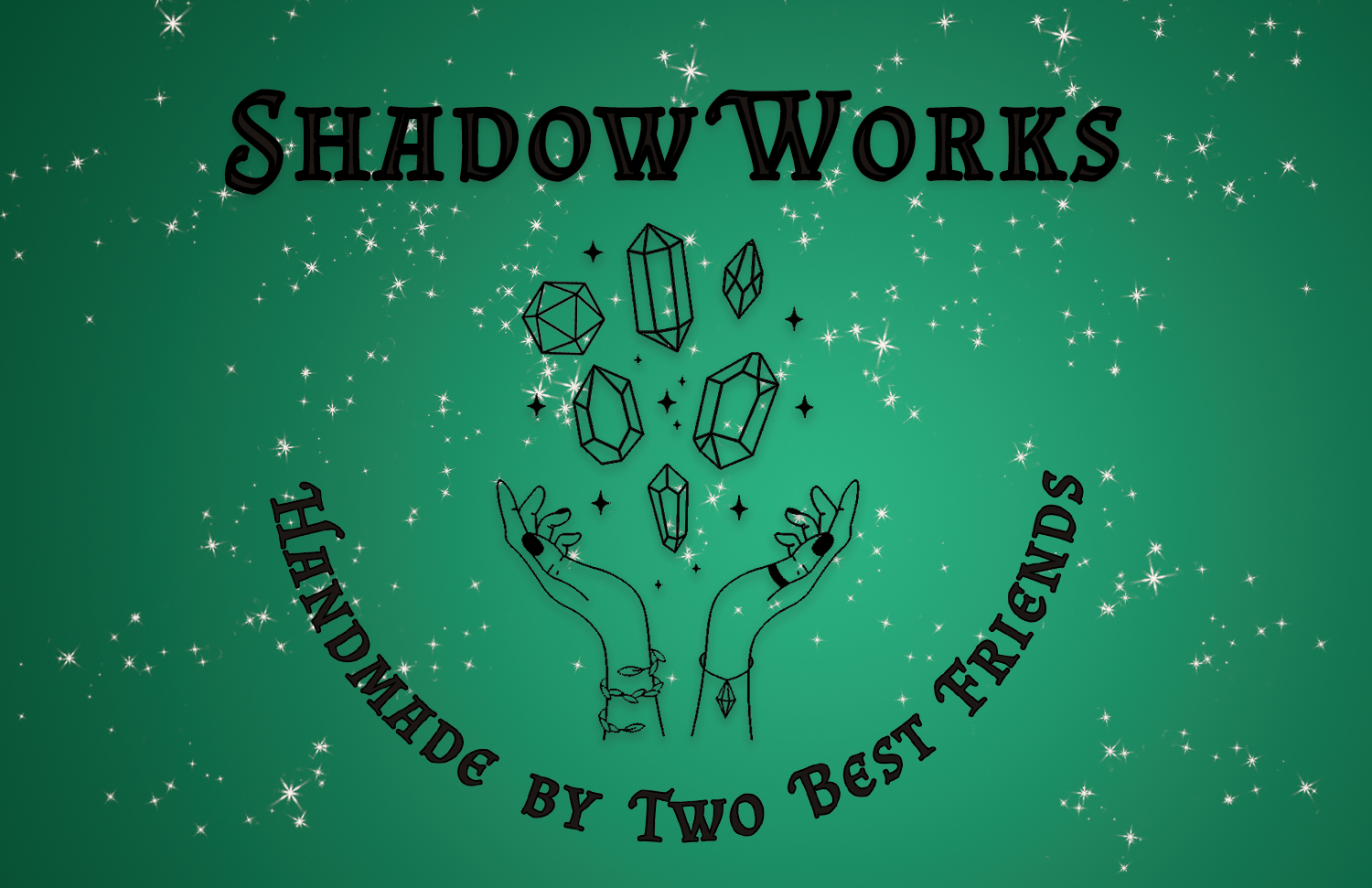 Logo for 'Shadow Works' with hands holding crystals on a green background